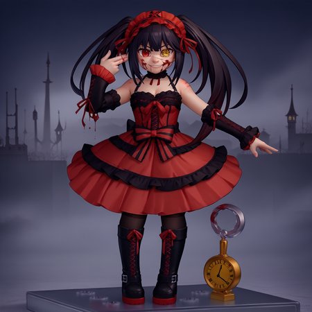 score_9, score_8_up, score_7_up, faux figurine, nendoroid, full body, figure, platform, solo, <lora:Nendoroid_pdxl_Incrs_v1:1>, <lora:FingergunToHead_XLPD:1>, finger gun to head, finger gun, <lora:ChamTokisakiKurumiPonyXL:1>, KurumiBase, clock eyes, red eye, yellow eye, heterochromia, black hair, twintails, hairband, red dress, striped bow, frills, detached sleeves, frilled choker, black thighhighs, garter straps, lace-up boots, smirk, blood, blood on face, blood on clothes, clock tower, crazy,