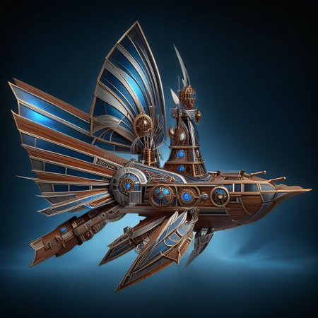lumenarium, flying ship at space, big sail like solar panels, stary sky, aether nebulas, realistic, wooden hull with metal elements, blue glowing energy sail:3 , silver metal, guns on board, hight tech, steampunk, wings like solar panels, tpship, metal plates, wooden boards, side view, ais-artdeco