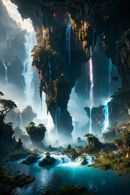 <lora:xl_more_art-full_v1:0.7> , (best quality:1.5), (intricate emotional details:1.5), (sharpen details),  (ultra detailed), (cinematic lighting),  floating isles landscapes, waterfalls, otherworldly, magical lights, foreign planet, dusk, mysterious