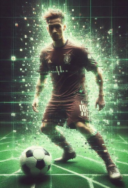 A side-splitting soccer match poster with massive, wobbly (digital, cyber style text) ("Super Soccer Showdown":1.5) In a zany, glitchy digital stadium, a star player (let’s call him Neo-Kicker) strikes an outrageously over-the-top goal-scoring pose, surrounded by a cascade of neon green soccer balls and pixelated rubber chickens bouncing in the background. The pitch is filled with absurd Matrix-inspired chaos, like wobbly goalposts and sidelines packed with breakdancing mascots. Shot from a goofy, lopsided angle to dial up the silliness, Neo-Kicker’s intense focus is now a cartoonish wink. The lighting swings between dramatic, shadowy stadium vibes and dazzling green code that glitches into a disco-ball explosion. The atmosphere is wild, ridiculous, and laugh-out-loud bananas. 
 <lora:aidmaGlitchStyle-v0.1:0.75> glitch, flickering, digital, glitching, goofy, cartoonish
 <lora:SDXLFaeTastic2400:0.35> wacky, whimsical
 <lora:aidma-Image Upgrader-v0.1:0.4> exaggerated, silly