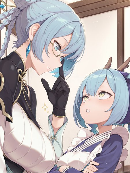 2girls,looking at another,from side,
BREAK dragon tale fymena,large breasts,sparkle,upper body,open mouth,adjusting eyewear,blue hairpin,yellow hairclip,gold under-rim eyewear,black capelet,black china dress,cyan detached sleeves,black gloves,single blue earring,tall female,looking down,blue eyes,<lora:Dragon Tale Fymena illuXL v1.31:0.76>,
BREAK laundry dragonmaid,blue maid outfit,blue fingerless gloves,open mouth,:o,looking up,multicolored hair,small breasts,half-closed eyes,crossed arms,clenched teeth,
masterpiece,best quality,amazing quality,very aesthetic,absurdres,newest,<lora:laundry dragonmaid & eldlich the golden lord illuXL v1:0.7>,