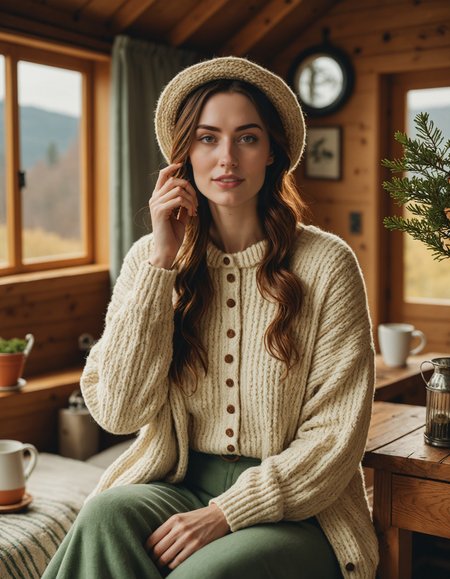 realistic photography of a woman in a cozy and wholesome cottagecore-inspired outfit, celebrating simplicity and nature