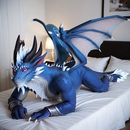 score_9, score_8_up, score_7_up, score_6_up, score_5_up, score_4_up, masterpiece, high quality, realistic, detailed, best quality, white bed, solo, rating_safe, source_furry, bedroom, smiling, seductive pose, lying on belly, looking at viewer, on bed, full body, kalecgos_wc, dragon, blue scales, wings, horns, tail, tail end, claws, male, 1boy, purple sclera, black slit pupils