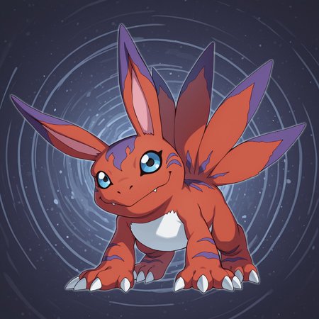2d, solo, Digimon (creature), Elecmon, red fur, purple markings, two tone fur, pink inner-ears, long ears, claws, three toes, blue sclera, black pupils, white countershade torso, multiple tails, 

BREAK on all fours, smile, looking at viewer, abstract background

BREAK best quality, amazing quality, very aesthetic, absurdres, newest, high quality, masterpiece 