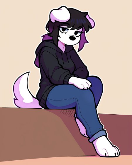 score_9_up, score_8_up, score_7_up, score_6_up, by remanedur, paws, sitting, backwards arm support, low-angle view, medium breasts, black hair, dog, white body, floppy ears, black topwear, hoodie, ponytail, female, looking at viewer, tail, solo, neutral expression, jeans, three-quarter view, head tilt, simple background, white outline, <lora:PDXL_artist_tags_v2_big:0.5> <lora:The-Minuscule-Task_PDXL_v1.0:0.6>   <lora:Teddy_bearsockz:0.7>