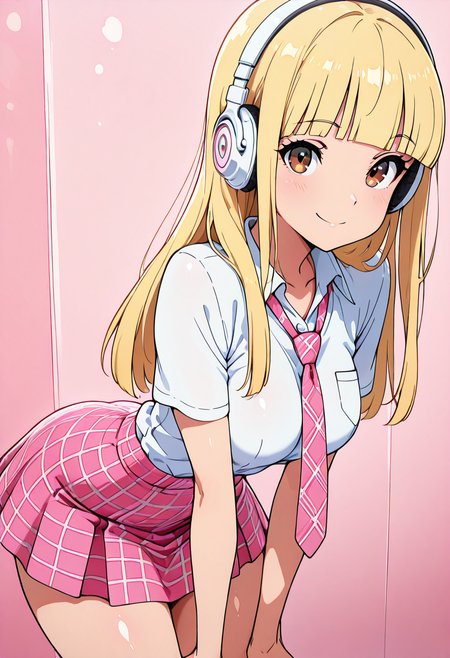 masterpiece, best quality, solo, curvy, beautiful eyes, narrow waist, wide hips, 1girl, solo, smile, looking at viewer, foreshortening, close up,  anime screenshot,    zzPearlCitron, brown eyes, blonde hair, long hair, straight hair, blunt bangs,   white headphones, pink necktie, collard shirt, white shirt, plaid skirt, pink skirt, shirt tucked in,   ,<lora:PearlRakuCitronOC_IXL:1.0>,  bent over, hands on knees, side view, flirty smile, cowboy shot, looking at viewer,