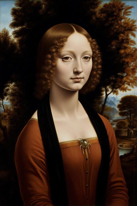 davinci1 painting. 
A young woman with curly hair wears a deep orange-brown dress and a black sash. Her expression is calm and contemplative. She is looking directly at the viewer. The background features a natural landscape with trees, a body of water, and distant mountains, suggesting a peaceful and idyllic setting. <lora:davinci1_cap_d6a3e12:1.0><lora:852102572062809988:0>
