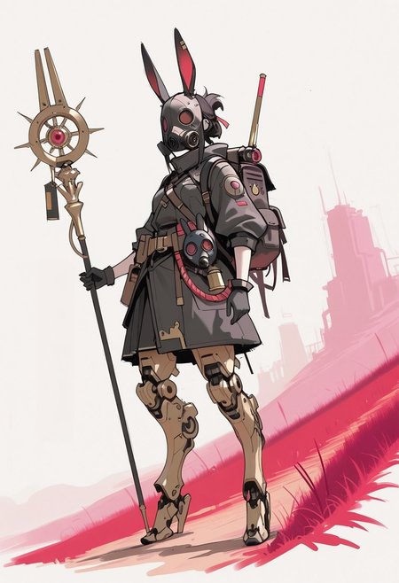 concept art, unfinished, sketch, 1girl, solo, rabbit mask, rabbit ears, gas mask, covered face, backpack, mechanical legs, red grass, staff, holding staff, 