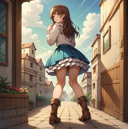 score_9, score_8_up, score_7_up, source_anime, (detailed background),  intricate detail, BREAK,  rating_questionable, uncensored, <lora:Pony_DetailV2.0:1.5>,bell skirt, <lora:bell_skirt-PD-1.0:1>, frills, layered skirt, lace, from behind, worried, looking back, arched back, boots