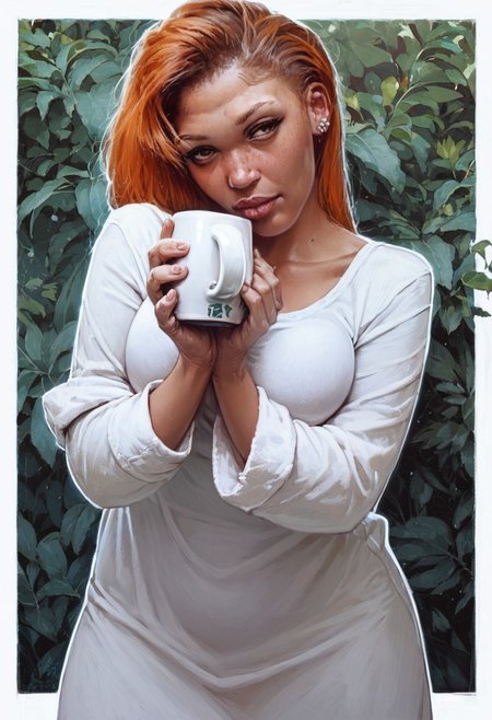 score_9, score_8_up, score_7_up, 1girl, voluptuous, character study, white outline, tight dress, ginger hair, coffee,  oversizedshirt, brown eyes, seductive expression,