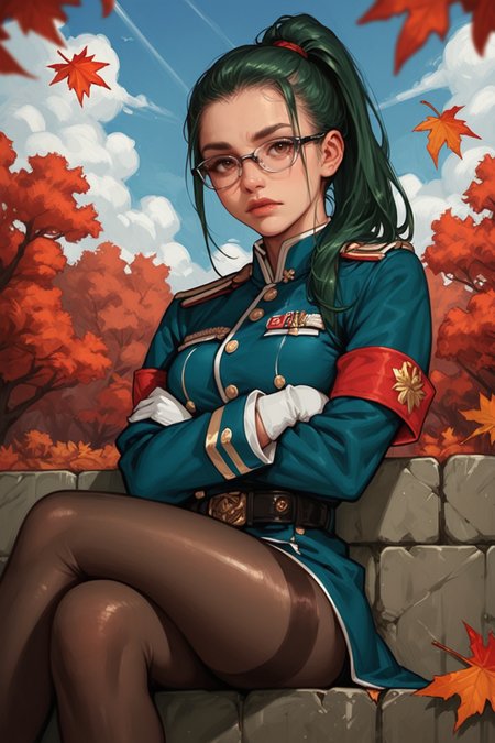 1girl, green hair, solo, pantyhose, crossed arms, gloves, crossed legs, white gloves, glasses, looking at viewer, ponytail, sitting, armband, sky, belt, brown eyes, outdoors, uniform, blue sky, long sleeves, leaf, closed mouth, cloud, military uniform, day, jacket, autumn leaves, brown pantyhose, blue jacket, high ponytail, red armband, breasts, zPDXL3, detailxl,  Score_PnyReal