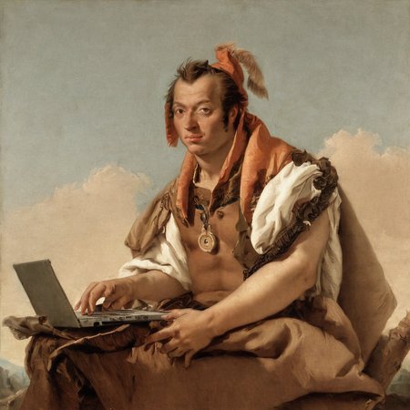Painting of realistic detailed man with a laptop by Tiepolo AH_Tiepolo  <lora:Paintings_by_Giovanni_Battista_Tiepolo_-_ventian_Rococo_painter:1>