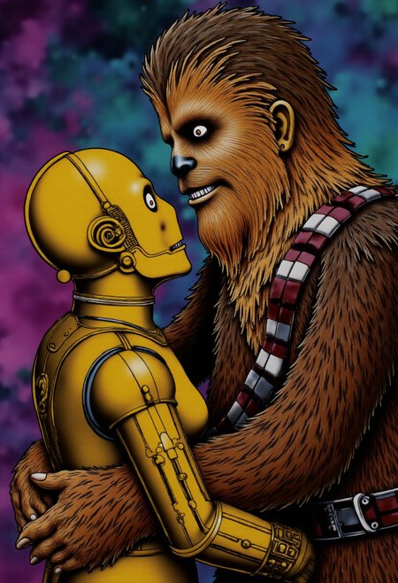 <lora:kft-montys-submarine-style:0.9>
The image is a vibrant, highly detailed kftcc style digital artwork featuring     Chewbacca making out with C3PO