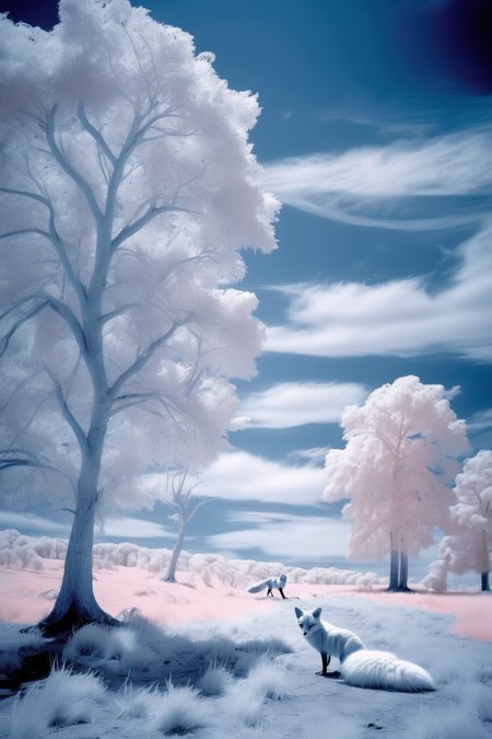 <lora:Infrared Photos:1>Infrared Photos - blue infrared photography of some trees on the horizon, a fox moving in the foreground