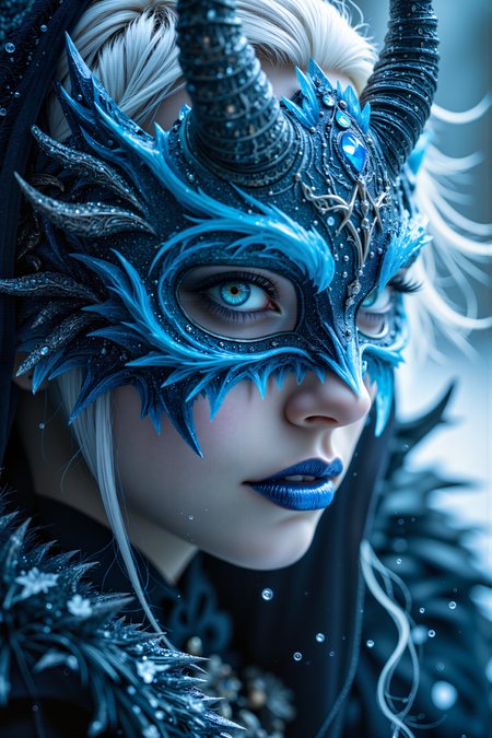 A hyper-realistic portrait, photorealistic photo close-up image of A close-up portrait of a female, with short, spiked white hair and pale, almost translucent skin, belonging to a mysterious race of ice witches. She appears to be in her early 30s, her gaze cold and calculating beneath a sinister, horned mask. The mask is carved from ancient, enchanted ice, with jagged, crystalline horns that protrude from either side, each one glistening with frozen shards. The surface of the mask is smooth, but faint blue runes pulse with a chilling light, spreading an aura of cold that seems to seep from the mask itself. Her lips are blue and slightly parted, revealing sharp, icicle-like teeth, and her icy blue eyes glow with a dangerous, arcane power. The background is a swirling mist of frosty whites and cool blues, with hints of silver that shimmer like the Northern Lights, creating a scene that is both beautiful and terrifying. The combination of the horned mask and the icy backdrop gives her the appearance of an ancient, powerful witch, commanding the frozen forces of her homeland. (photography, high-resolution, dynamic, energetic,hyper-realistic, dramatic lighting, shallow depth of field.), detailmaximizer, MythP0rt<lora:midjourney_whisper_flux_lora_v01:0.55><lora:aidmaMJ6.1-FLUX-V0.1:0.4><lora:FluxMythP0rtr4itStyle:0.4><lora:detailed_flux_ntc:2.2><lora:aidmaImageUpgrader-FLUX-V0.1:0.65>