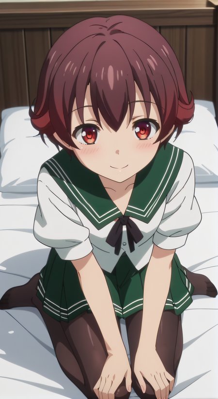 score_9, score_8_up, score_7_up, source_anime, rating_safe, intricate details, anime screencap, official style, anime coloring, 1girl, solo, <lora:Mutsuki:1>, mutsuki, short hair, red eyes, serafuku, green sailor collar, short sleeves, green skirt, pleated skirt, black pantyhose, smile, indoor, sitting on bed, from above, hands on knees, blush