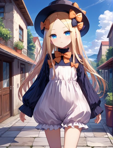 score_9, score_8_up, score_7_up,source_anime,
outdoors, sky,
walking,
solo,
<lora:Abigail_Williams_XL:1> Abigail_Williams_(Fate), blonde_hair, blue_eyes, long_hair, parted_bangs, flat_chest, blonde_hair, blue_eyes, long_hair, parted_bangs, flat_chest, black_dress, black_hat, black_bow, orange_bow, hair_bow, sleeves_past_wrists, ribbed_dress, white_bloomers,
 <lora:DallE3-magik:1>