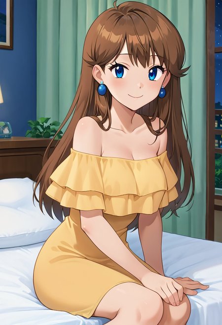 score_9, score_8_up, masterpiece, best quality, uncensored, correct anatomy, detailed background, anime_source, 1girl, solo, alone, perfect eyes, perfect arms, perfect legs, perfect face, indoors, medium breasts,  bare shoulders, gurin, blue eyes, brown hair, long hair, bangs, sidelocks, looking at viewer, strapless, a short yellow dress, fl0unc3dr355, dress, off shoulder, blue earrings, round earrings, Sitting on her bed, bedroom background, smile, looking at viewers, cowboy shot, indoors, night