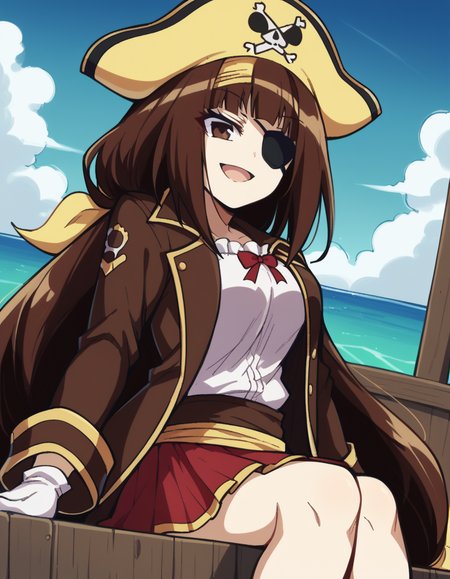 score_9, score_8_up, score_7_up, source_anime, <lora:najimi-ajimu-s2-ponyxl-lora-nochekaiser:1>, najimi ajimu, long hair, brown hair, bow, ribbon, brown eyes, very long hair, low-tied long hair, hair band, hair bow, yellow hairband, medium breasts,, <lora:pirate-costume-ponyxl-lora-nochekaiser:1>, pirate costume, pirate hat, skirt, gloves, jacket, shirt, eyepatch,, blue sky, sea, ocean, pirate ship, treasure, gold, smug, open mouth, from below, sitting,, , dutch angle, cowboy shot
