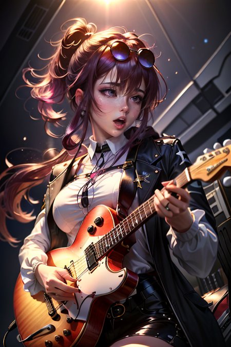 beautiful, (masterpiece:1.2), (best quality:1.2),solo,1girl,star-kafka,purple hair,eyewear on head,bangs,purple eyes,long sleeves,holding instrument, guitar, playing instrument, open mouth,  <lora:kafka-v1.6-lora-anylora-128dim-block:0.7>