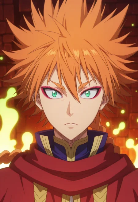 masterpiece, best quality, , anime screencap, , , looking at viewer, 1boy, solo, male focus, <lora:leopold_vermillion_ilxl:0.96>, leopold_vermillion, orange hair, green eyes, spiked hair, long hair, braid, single braid, makeup, eyeshadow, eyeliner, , enchanted market, floating goods, glowing signs, magical wares, browsing pose, fascinated expression, magical lighting,