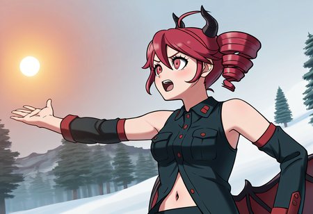 (((solo))),masterpiece, best quality, very aesthetic,  modern, modern anime, <lora:Tsumugi_Shirogane_AI_Illustrious:0.3>,  This anime screencap is from Danganronpa the Animation.  isometric view , excited expression kasane_teto, highres, 1girl, ahoge, black_shirt, black_sleeves, collared_shirt, curled_horns, detached_sleeves, dragon_girl, dragon_wings, red_wings, horns, long_sleeves, midriff, monster_girl, multiple_horns, multiple_wings, navel, partially_unbuttoned, red_eyes, red_hair, shirt, sleeveless, sleeveless_shirt, spread_wings, wings Teto is within A snow-covered wooden boardwalk winds through a winter forest. Large, bare deciduous trees with thick trunks dominate the foreground, their bark textured and moss-covered. The boardwalk, dusted with fresh snow, curves to the right, its railings visible. Evergreen trees fill the background, providing contrast to the leafless deciduous trees. A small, partially frozen stream or wetland area is visible to the left of the boardwalk, with patches of ice and snow-covered vegetation. The lighting is soft and diffused, suggesting an overcast winter day. The scene has a misty, ethereal quality, with the distant trees fading into a hazy background. The composition creates a sense of depth, inviting the viewer to follow the path into the snowy woods. Teto interacts with the environment.