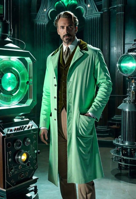 Retro futuristic Male Scientist wearing a pale green lab coat with light walnut pants and vest, in a gothic classic cinema Laboratory out of a james whales movie
