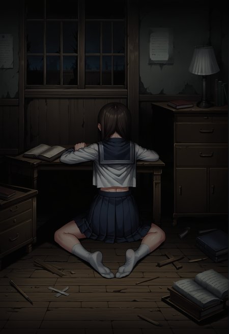 score_9, score_8_up, score_7_up, score_6_up
BREAK
1girl, school uniform,serafuku,long sleeves,ascot,blue skirt,pleated skirt,kneehighs,white socks,uwabaki,wrinkling of clothes, sitting, on floor,  candle, candlelight, close-up, 
BREAK
heavenlyhost, school, nursery, wooden floor, desk, calendary, lamp, book, bookcase, mirror, table, dresser, towel, horror \(theme\), night, indoors <lora:HeavenlyHostBG:0.9>