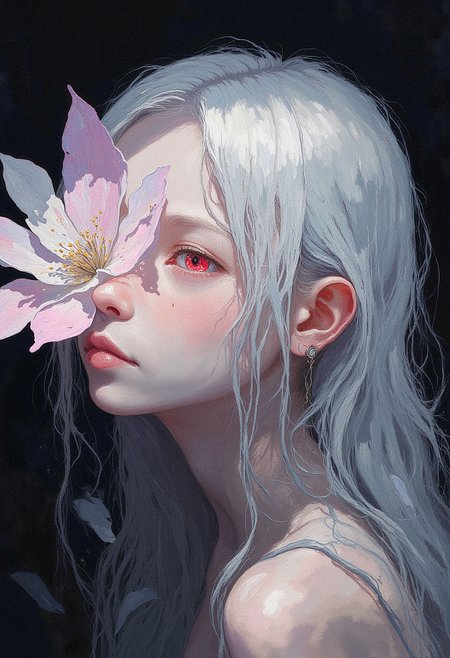 Close-up portrait of a female character with long, silver hair. Her face is partially obscured by a large, white flower with light pink shading, positioned over her right eye. The character has pale skin with soft shadows cast across her face. Her left eye is visible, glowing with a bright, vivid red color. A minimalistic dark background with subtle gradients of deep black and grey. No additional objects or elements in the background to keep the focus on the main character. Soft, ambient lighting highlights the edges of the character's form, creating a mysterious and cinematic atmosphere.    <lora:FLUX-daubrez-DB4RZ:1.1> DB4RZ, DB4RZ style painting,  <lora:aidmaImageUpgrader-FLUX-V0.1:0.33> detailmaximizer,