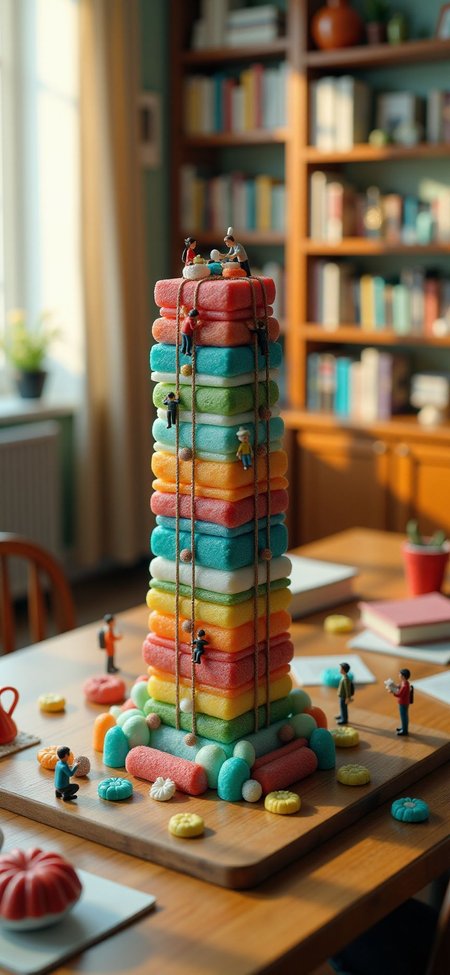 (indoors,indoor,isometric view,side view,tilt-shift lens:2), (fna_style,miniature,miniature,diorama,miniature,diorama,PVC,plastic:2),sunset,winter giant (randomly multi stack up,multi layer of candy cubic vertical:2.5)  is located center, people are climbing with ropes, (in wooden square plate:3) (on table at study:3) <lora:Fantasy_Novel_Art_Style:1> <lora:Rostpunk:0.3>