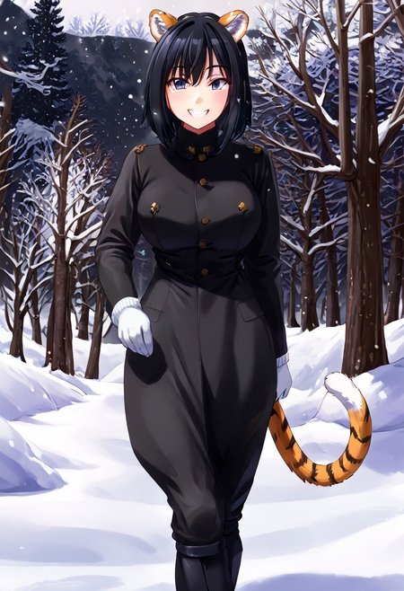 black hair, girl, black military uniform, gloves, outdoors, walking, tiger ears, tiger tail, wagging  tail, smile, trees, snow, winter,  snowing,