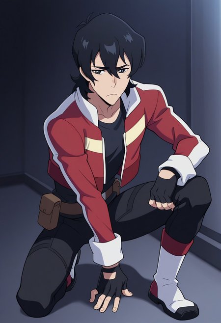 masterpiece,best quality,amazing quality, source_anime, 
keithvld, 1boy, male focus, solo, black eyes, black hair, shirt, black shirt, jacket, cropped jacket, multicolored jacket, red and white jacket, white collar, popped collar, open jacket, long sleeves, gloves, black gloves, fingerless gloves, belt, belt pouch, pants, black pants, boots, on one knee,