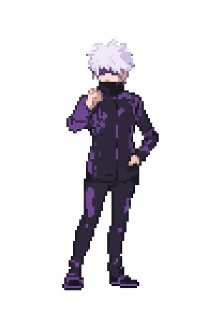 Vector art, uhd, 8k, 4k, epic, dramatic, 4k quality, (Perfect hand:1.4), (masterpiece), white background,
1male, gojo, young man, solo, pale skin, (black shoes), black blindfold, (covered eyes), shoes, pants, black footwear, purple jacket, high collar jacket, zipped jacket, sparkle, black pants, white hair, messy hair, 
Gojo as a pokemon pixel art trainer battle sprite. He stands with a slight smile on his face. One hand is in his pocket the other is infront of his body performing a domain expansion. His fingers crossed.