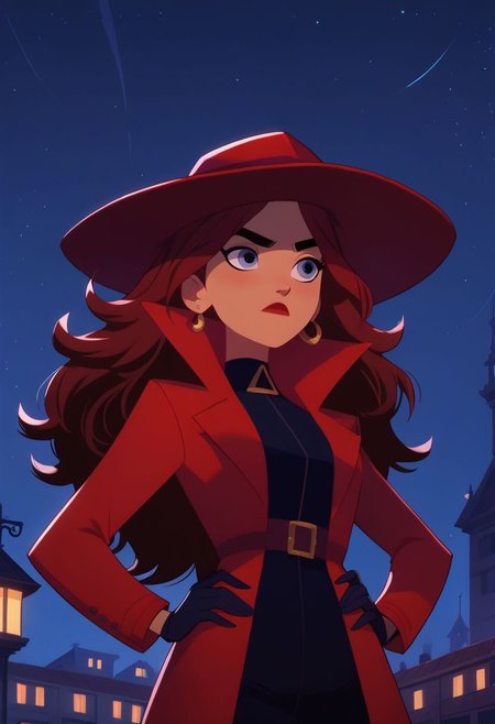 score_9, score_8_up, score_7_up, score_6_up, Score_Carm3n Sandi3go, blue eyes, red hat, red coat, black suit, red hair, curly hair, long hair, night, night sky, night city view, from below, hands on waist, upper body,