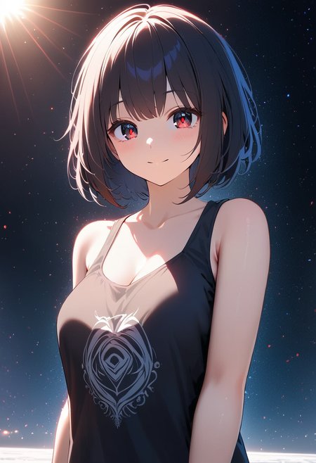 <lora:aesthetic_anime_v1s:0>, <lora:xl_more_art-full_v1:1>, kindcore_nature. dream anime style. cinematic composition. casual goth sexy_friend curvy girl. nerdface halfsmile. brilliant eyes. wearing dark_emo_styled_clothing. warm morning lighting. beautiful arboretum. great resolution. true details. mysterious. bare arms, bare shoulders. macro shot. particles. emotion.