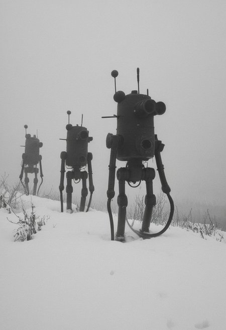monochrome, photo, old photo,blurry, low quality,atmospheric, old photo defects, world war 1, steam punk technology, automatons, battlefield, hills, snow, winter, fires, artillery, Thick fog, strange shaped robots moving in the distance,multiple large robots, large automatons marching along, antenna, wires, consistent design,looking at viewer, scary,  damaged robots, trench warfare, no mans land, large robots,(( art style of simon stalenhag))