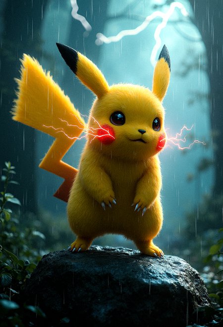 photorealistic Pikachu standing on a rock, electricity crackling from its cheeks, tail raised high, set against a dark and stormy sky, photorealistic rendering, ultra-high-definition textures, dynamic and dramatic lighting, intense and fierce expression, detailed fur with rain droplets, stormy atmosphere with heavy clouds, vibrant yellow fur contrasting with the dark surroundings, cinematic composition, glowing lightning bolts in the background, natural reflections and shadows, high contrast, intense energy, rain-soaked fur, high-detail raindrops, sharp focus

Time of Day: Early morning with soft sunlight filtering through trees.

Mood: Protective and watchful.

Aesthetic, Soft lighting, natural tones, peaceful atmosphere.

Pose, Standing on a tree branch, ears perked up, alert.

Additional detail, intricate details, sharp details, 










