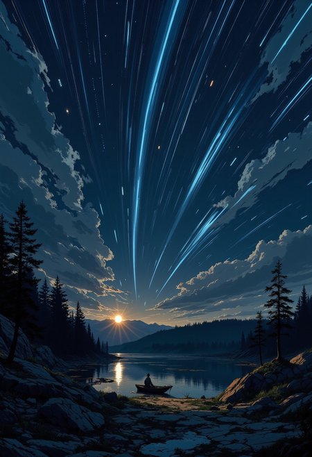 A digital anime artwork in the style of cklg, A tranquil night under a vast, star-filled sky, where a dazzling meteor shower streaks across the heavens, illuminating the darkness with radiant trails of light. The scene unfolds above a serene lake surrounded by dense forest, its still waters reflecting the cosmic display like a natural mirror. A solitary, small boat,  casting a soft golden hue that contrasts with the cool blues and silvers of the celestial light. In the foreground, a rugged stone outcropping serves as a natural platform, with a lone figure seated in awe, silhouetted against the ethereal glow. The perspective captures the grandeur of the night sky, with a wide-angle framing that emphasizes the vastness of the cosmos and a profound sense of depth.