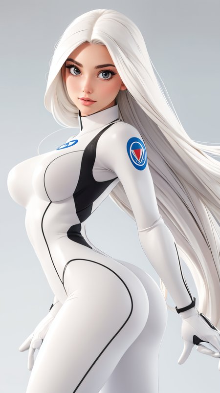 a white female with long hair and a tight bodysuit is posing for a picture in a pose in a white background   <lora:p3r3zstyle:0.6>