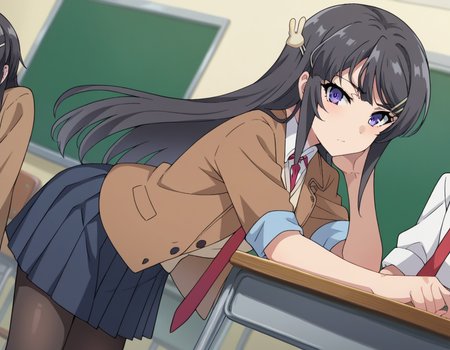score_9, score_8_up, score_7_up, source_anime,
maisakurajima, <lora:mai-sakurajima-s1-ponyxl-lora-nochekaiser:1>
mai sakurajima, long hair, bangs, black hair, hair ornament, purple eyes, hairclip, rabbit hair ornament,
skirt, shirt, school uniform, white shirt, short sleeves, pantyhose, pleated skirt, collared shirt, blue skirt, black pantyhose, red necktie, jacket, brown jacket,
indoors, classroom, bent over,
looking at viewer, cowboy shot, dutch angle,