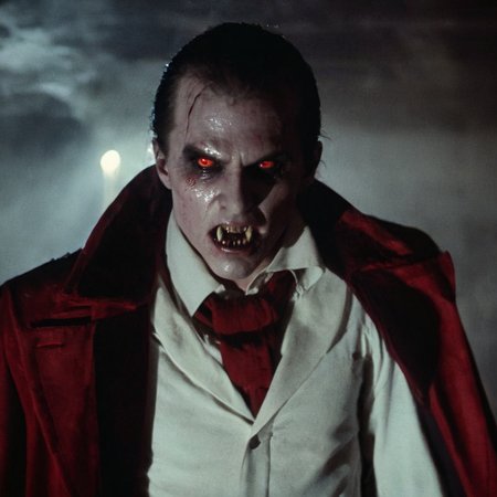 Horror-themed,  <lora:Fright Night 1985 Film Style:1>
Cinematic Medium low angle Shot Film Footage captured by Panavision Cameras and Lenses, vampire creature, Jerry a vampire creature with a burned face and a red scarf and jacket and white shirt and vampire teeth and red eyes lenses, staring at camera with open vampire mouth in a dark basement room with perfect light on, Fright Night 1985 Film Style, Eerie, unsettling, dark, spooky, suspenseful, grim, highly detailed
