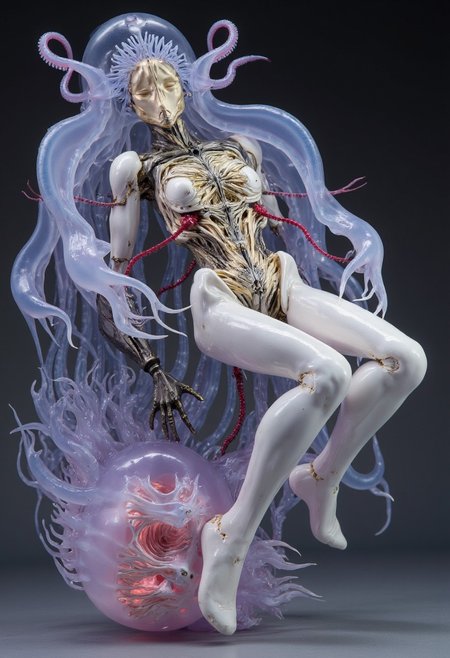 4byss,   a humanoid android in a reclined position, its synthetic body seamlessly merging organic jellyfish elements with mechanical components. The figure's porcelain-white synthetic skin is partially deconstructed, revealing an intricate internal structure where mechanical vertebrae and neural cables interweave with translucent, bioluminescent tentacles that pulse with deep blues and vibrant crimsons.