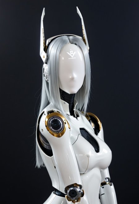 A 35mm photo of a beautiful robotic woman, she has a faceless robotic head, robot, silver hair, smooth metallic featureless feminine body
no face