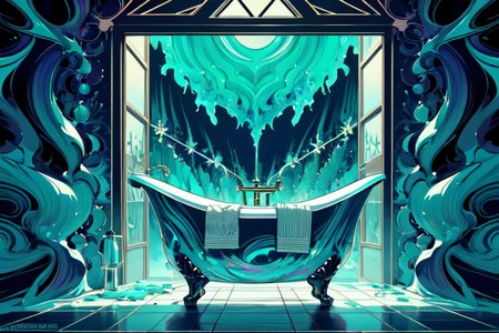 highly insanely detailed, masterpiece, top quality, best quality, highres, 4k, 8k, RAW photo, (very aesthetic, beautiful and aesthetic),  
(code_style,codestyle), 
<lora:CodeStyle (half generic class)_564920:0.3>, 
(1girl:1.3), 1other, 
bath with a sink with bathroom,window,door,toilet,faucet,soap,tile floor,chitin a sink,chitin bathroom,chitin,(chitin theme:1.2),(rough jagged texture:1.3),glow,jade,a colorful background,(colored geometric background,abstract colored fractal background:1.3),âââ