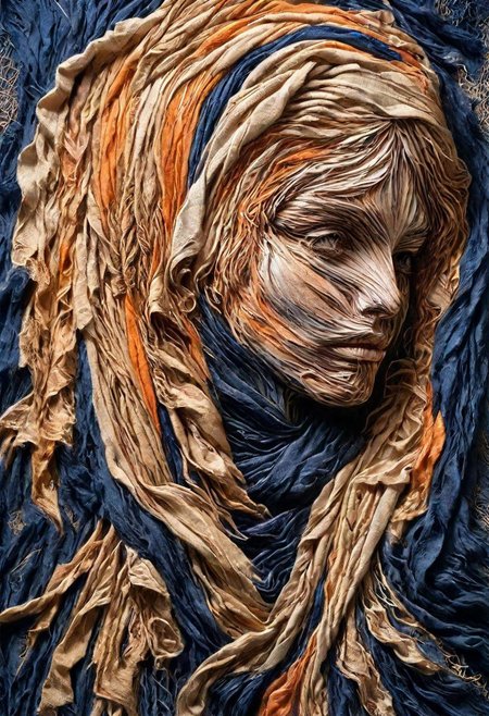 RAW closeup photo, beautiful young woman, macro shot,( dark blue, orange, gold,  embroidery scarf), masterpiece, colorful details, golden threads embroideries, award winning, high detailed, 8k, natural lighting, analog film, amazing composition, intricate details, subsurface scattering, vellus gold hairs, amazing textures, soft light