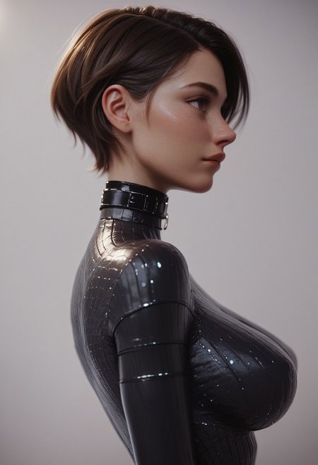 score_9, score_8_up, score_7_up, 1girl, Expressiveh, brown hair, short hair, sci-fi, futuristic, choker, cute, slim, from side, latex sweater, big breasts, standing straight,