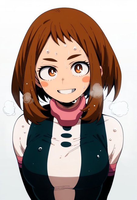 flatshinyskin, score_9, score_8_up, score_7_up , 1girl, 1girl, mosaic censoring, smile, slight seductive pose,, medium breasts, sweating, breasts,, long skirt, 1girl, solo focus, Upper body, hands behind back,  wet, sweaty, sweating, steam
ochako_uraraka, 1girl, score_9, score_8_up, score_7_up, brown hair, brown eyes, white pupil, blush stickers, bodysuit, simple background, solo focus, perfect body, curvey, thick waist, thick body, skin tight dress, , front view, front focus, looking at viewer, seductive expression, smile, teeth,  ANIMESTYLE
 adult, oval face shape, long forehead bangs, milf, ADULT, long forehead bangs, bangs over eye,