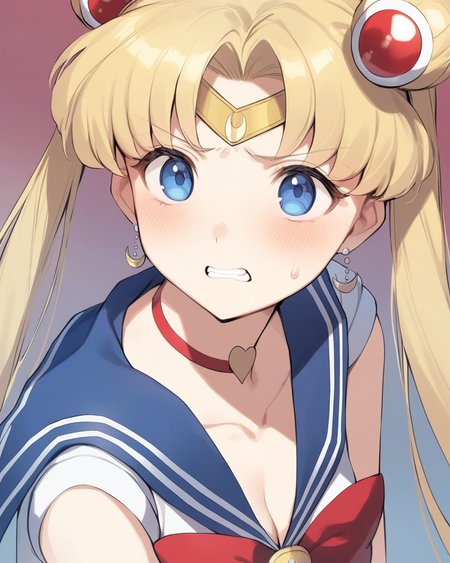 masterpiece,best quality,<lora:tsukino:1>,bishoujo_senshi_sailor_moon, heart, crescent, red_choker, teeth, sailor_senshi_uniform, sailor_moon, jewelry, breasts, small_breasts, bow, hair_bun, clenched_teeth, heart_choker, earrings, magical_girl, blue_sailor_collar, sailor_moon_redraw_challenge_(meme), sailor_shirt, sleeveless, collarbone, red_bowtie, sweatdrop, 1girl, solo, bowtie, circlet, cleavage, crescent_earrings, collared_shirt, sailor_collar, tsukino_usagi, sleeveless_shirt, meme, hair_intakes, shirt, upper_body, white_shirt, choker, red_bow
