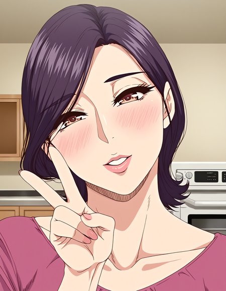 masterpiece, good quality, best quality, absurdres, highres, very awa, shadow,
minako, standing, portrait, V, 
1girl, mature female, solo,
looking at viewer, blush, parted lips, light smile,
short hair, brown eyes, lips, parted lips, head tilt, 
housewife, purple shirt,
indoors, room, kitchen,
<lora:Minako 3216 NoobAI-XL V-pred:1>