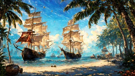 (young redhead pirate woman), ((oil paint) portrait), (parrot:1.2), sharp focus, (ultradetailed), (standing), (happy) smile, pirate (ship galleon:1.2,  hoop earrings, gold medallion, Rhodamine Red pirate clothes, pirate hat, hips,  pirate (village), leafy beach coast, (treasure chest with coins, gems and jewels:1.2), (rum barrel), best quality masterpiece,  bright sunny sky, backlight, natural lights, high contrast, hdr, shadows, pretty, beautiful, feminine, sexy, adorable, lovely, in love, (PirateDiffusionprt:0.5),  <lora:Pirate:0.3>  PrateT  <lora:PirateRealms:0.3> <lora:Detail Tweaker LoRA add_detail:0.8> <lora:depth_of_field_slider_v1:5> <lora:SDXLrender_v2.0:0.9>